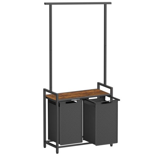 VASAGLE BLH241B01 Szennyestartó, 2 rekesszel és akasztós polccal, kivehető kihúzható kosárral