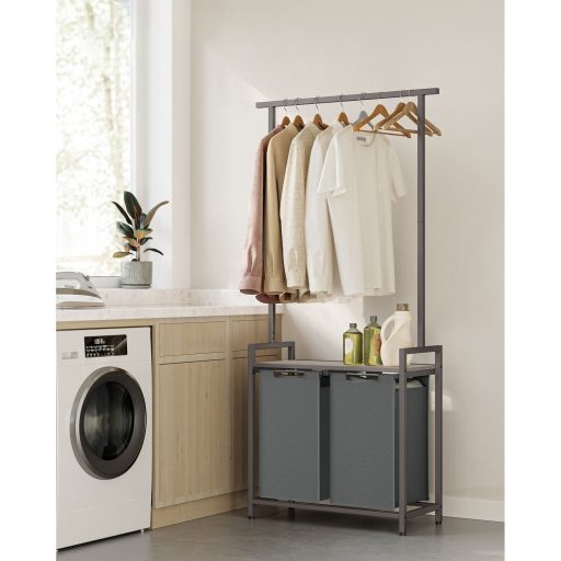 VASAGLE 2 rekeszes szennyestartó ruhasínnel, kivehető és levehető bélésekkel, polccal, 2 x