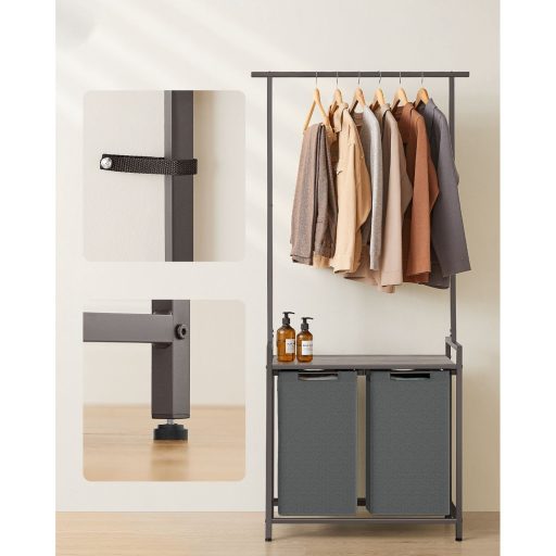 VASAGLE 2 rekeszes szennyestartó ruhasínnel, kivehető és levehető bélésekkel, polccal, 2 x