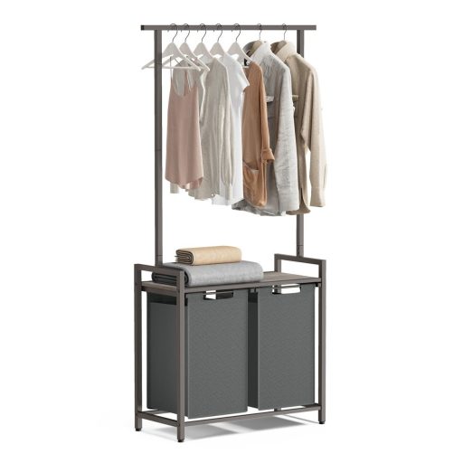 VASAGLE 2 rekeszes szennyestartó ruhasínnel, kivehető és levehető bélésekkel, polccal, 2 x