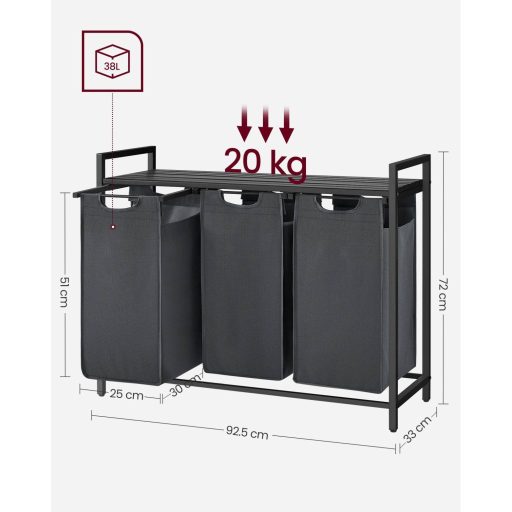 VASAGLE Szennyestartó Kosár, 3 Rekeszes Szennyestartó, Kihúzható és Eltávolítható