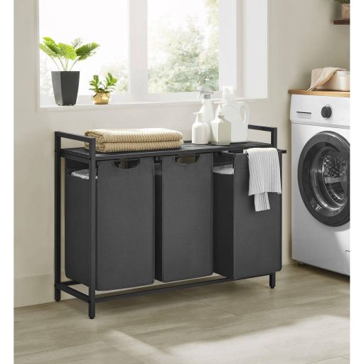 VASAGLE Szennyestartó Kosár, 3 Rekeszes Szennyestartó, Kihúzható és Eltávolítható