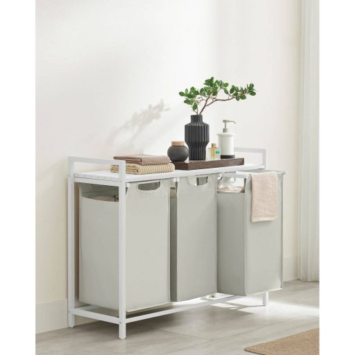 VASAGLE Szennyestartó Kosár, 3 Rekeszes Szennyestartó, Kihúzható és Kivehető