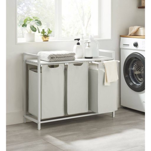 VASAGLE Szennyestartó Kosár, 3 Rekeszes Szennyestartó, Kihúzható és Kivehető