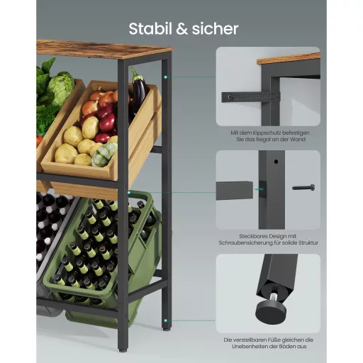 Ital tárolópolc 2 szintes, 4 rekeszes, 150 kg teherbírás, rusztikus barna