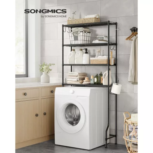SONGMICS 4 szintes WC fölötti tároló, fém tároló állvány, állítható polcok, 4 kampó,