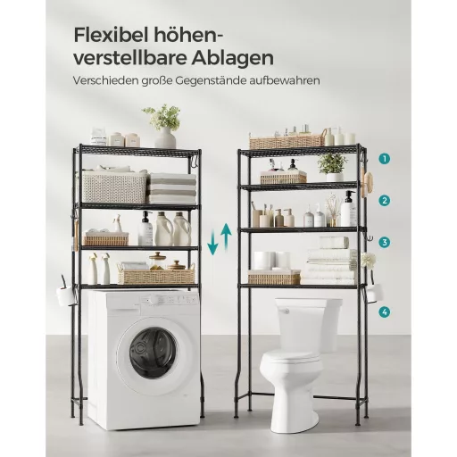 SONGMICS 4 szintes WC fölötti tároló, fém tároló állvány, állítható polcok, 4 kampó,