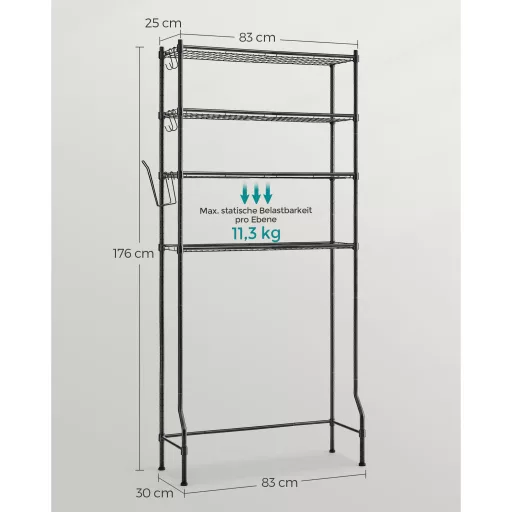 SONGMICS 4 szintes WC fölötti tároló, fém tároló állvány, állítható polcok, 4 kampó,