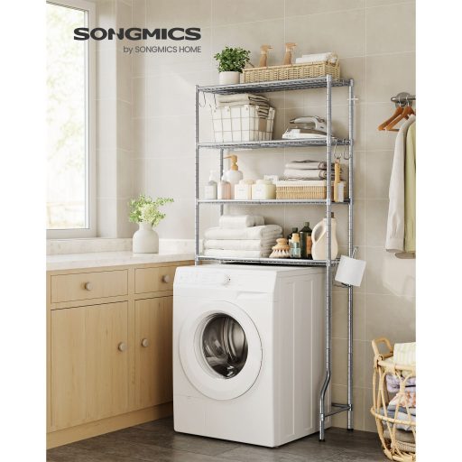 SONGMICS 4 szintes WC fölötti tároló, fém tároló állvány, állítható polcok, 4 kampó,