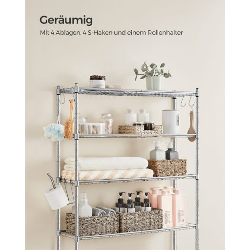 SONGMICS 4 szintes WC fölötti tároló, fém tároló állvány, állítható polcok, 4 kampó,