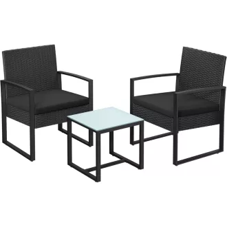 Kerti bútor szett, polyrattan, 2 szék és 1 asztal, fekete