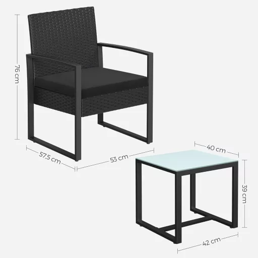 Kerti bútor szett, polyrattan, 2 szék és 1 asztal, fekete