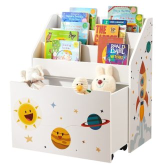 SONGMICS Játékrendező, Gyermek Könyvespolc 3 Polccal, Kivehető Tárolódoboz Kerekekkel,