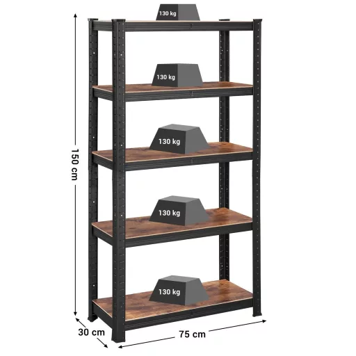 SONGMICS Polcrendszer, 30 x 75 x 150 cm, 650 kg teherbírás (130 kg polconként), ipari,