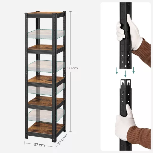 SONGMICS Polcrendszer, 37 x 37 x 150 cm, 400 kg teherbírás (80 kg polconként), ipari,