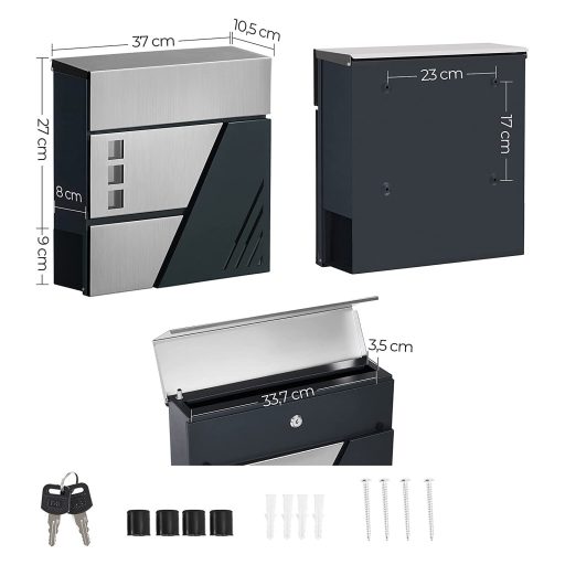 SONGMICS Postaláda, falra szerelhető levélszekrény betekintő ablakokkal, rozsdamentes