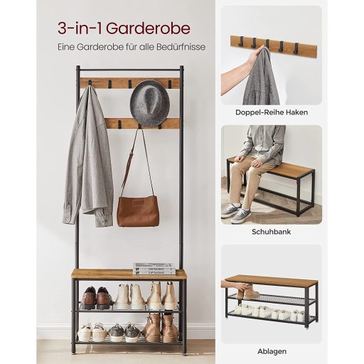 VASAGLE HSR041B41 Kabátállvány cipőtartóval, cipőtartó ülőkével előszobába,