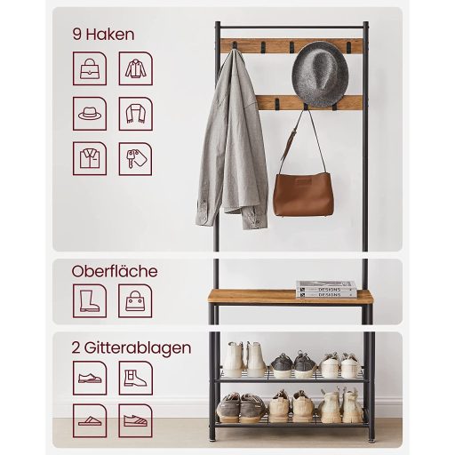 VASAGLE HSR041B41 Kabátállvány cipőtartóval, cipőtartó ülőkével előszobába,