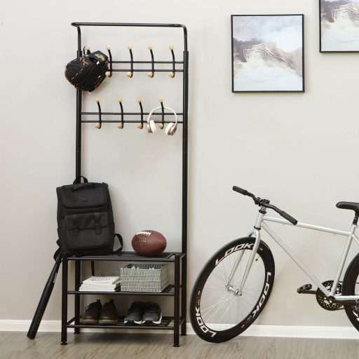 SONGMICS kabátállvány 3 cipőtartóval, 18 kampóval, 32 mm átmérőjű cső, fém, fekete, 68,8