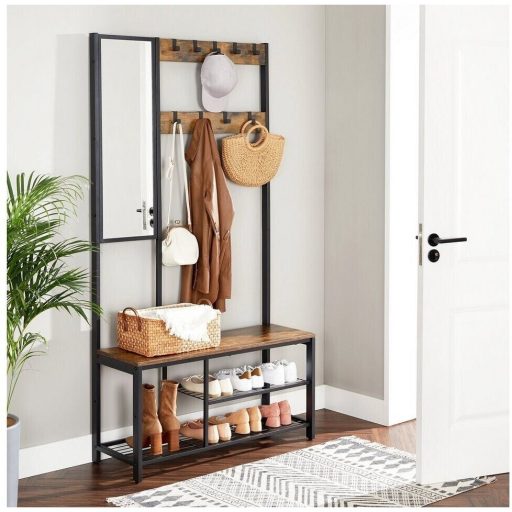 VASAGLE Kabáttartó, Előszobai Bútor Akasztókkal, Tükörrel, Cipőtartóval és Polcokkal, 36 x