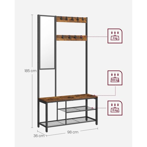 VASAGLE Kabáttartó, Előszobai Bútor Akasztókkal, Tükörrel, Cipőtartóval és Polcokkal, 36 x