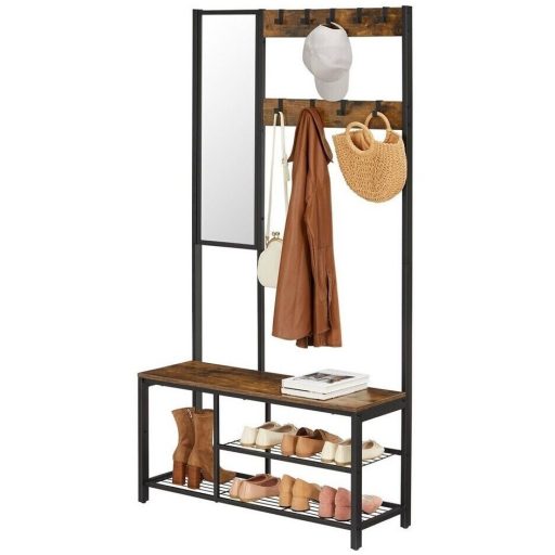 VASAGLE Kabáttartó, Előszobai Bútor Akasztókkal, Tükörrel, Cipőtartóval és Polcokkal, 36 x
