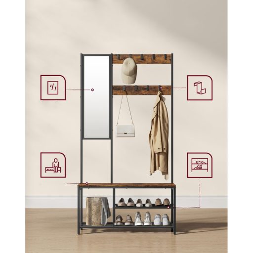 VASAGLE Kabáttartó, Előszobai Bútor Akasztókkal, Tükörrel, Cipőtartóval és Polcokkal, 36 x