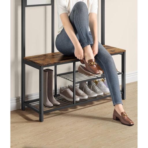 VASAGLE Kabáttartó, Előszobai Bútor Akasztókkal, Tükörrel, Cipőtartóval és Polcokkal, 36 x