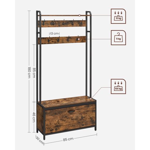 VASAGLE HSR405B01 kabáttartó cipőszekrénnyel, kabátállvány paddal, ruhatartó,