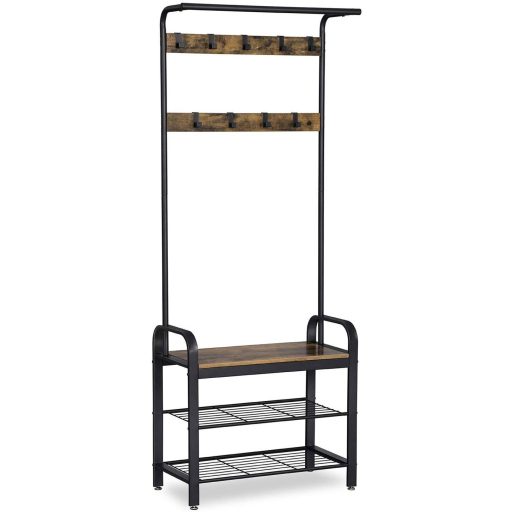 VASAGLE Ruhafogas, Kabátállvány Cipőtároló Padokkal, 4 az 1-ben Dizájn, 9 Levehető