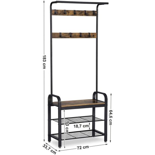 VASAGLE Ruhafogas, Kabátállvány Cipőtároló Padokkal, 4 az 1-ben Dizájn, 9 Levehető