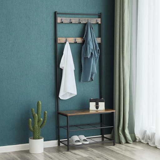 VASAGLE kabáttartó, kabátállvány cipőtároló paddal, előszobafal cipőtartóval, 3 az 1-ben