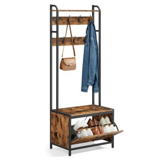 VASAGLE kabáttartó cipőtárolóval, előszobafával és paddal, 7 akasztóval és felső polccal,