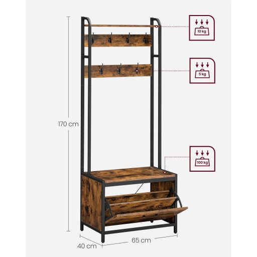 VASAGLE kabáttartó cipőtárolóval, előszobafával és paddal, 7 akasztóval és felső polccal,