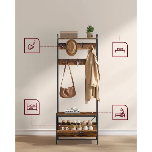 VASAGLE kabáttartó cipőtárolóval, előszobafával és paddal, 7 akasztóval és felső polccal,
