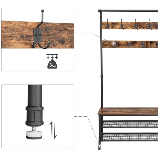 VASAGLE Kabáttartó Állvány, Nagy Kabátfa 9 Akasztóval és Cipőtartóval, Ipari Stílus,