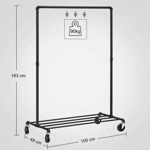 SONGMICS Nagy Teherbírású Fém Ruhatartó Kerekeken, 90 kg Teherbírás, Ipari Dizájn, Ruhafogas