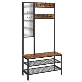 VASAGLE Kabáttartó, Kabátállvány Rácsos Fal, Cipőtartó, Előszobai Fogas, 2 Hálós Polc,