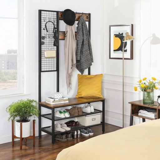 VASAGLE Kabáttartó, Kabátállvány Rácsos Fal, Cipőtartó, Előszobai Fogas, 2 Hálós Polc,