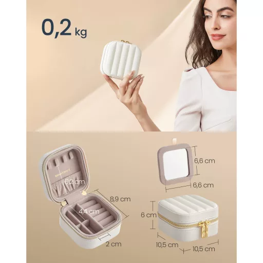 SONGMICS HOME ANAH kollekció JBC179W01 utazó ékszerdoboz, kis szervező tükörrel, 10,5 x 10,5 x