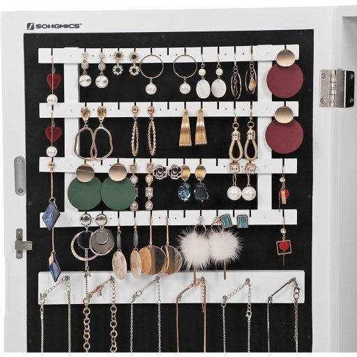 SONGMICS Fehér Tükrös Zárható Ékszerszekrény, Fali Ékszerrendező, Ajándékötlet JBC51W