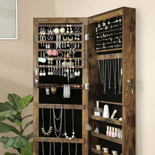 SONGMICS Ékszerszekrény Armoire, Zárható Falra Szerelhető Tárolóegység Nyakláncokhoz és