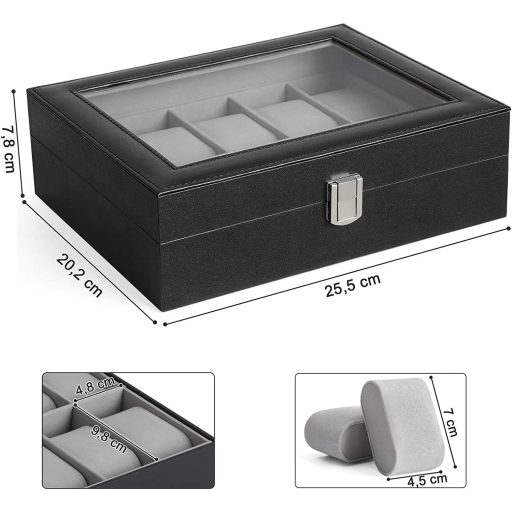 SONGMICS Óratartó Doboz 10 Rekesszel, Óratok Üveg Fedéllel, Óra Kijelző Doboz