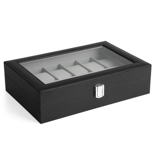 SONGMICS Óratartó Doboz 12 Rekesszel, Óratok Üveg Fedéllel, Óra Kijelző Doboz