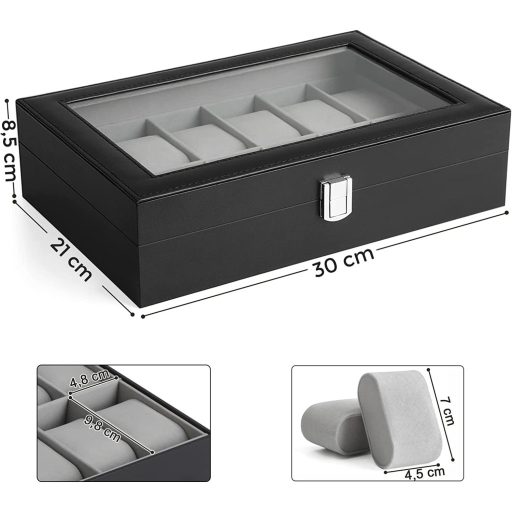 SONGMICS Óratartó Doboz 12 Rekesszel, Óratok Üveg Fedéllel, Óra Kijelző Doboz