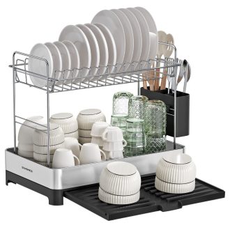 SONGMICS 2 szintes edényszárító állvány, bővíthető edényszárító, rozsdamentes acél