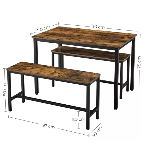 VASAGLE étkezőasztal 2 paddal, 3 darabos szett, konyhaasztal 110 x 70 x 75 cm, 2 pad 97 x 30 x 50