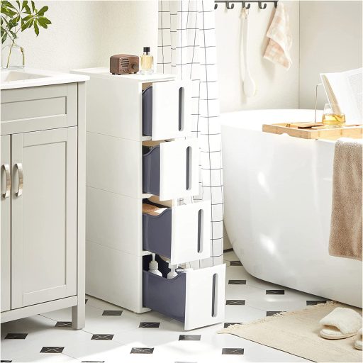 SONGMICS Műanyag Tároló Fiókok, Keskeny Tárolókocsi Kerekeken, 4-Fiókos Tárolótorony