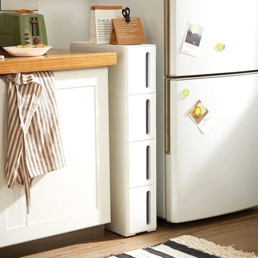 SONGMICS Műanyag Tároló Fiókok, Keskeny Tárolókocsi Kerekeken, 4-Fiókos Tárolótorony