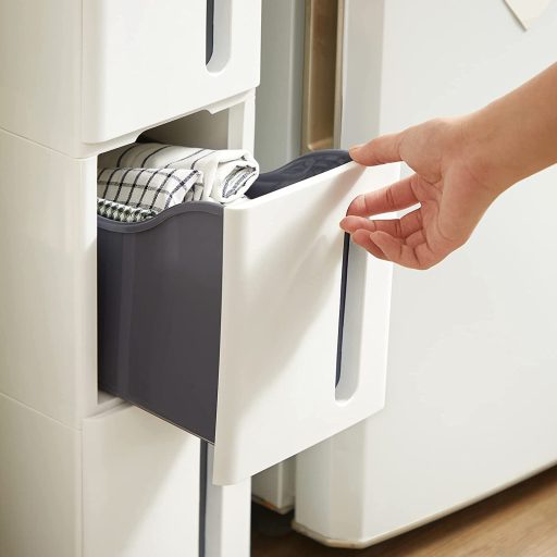 SONGMICS Műanyag Tároló Fiókok, Keskeny Tárolókocsi Kerekeken, 4-Fiókos Tárolótorony